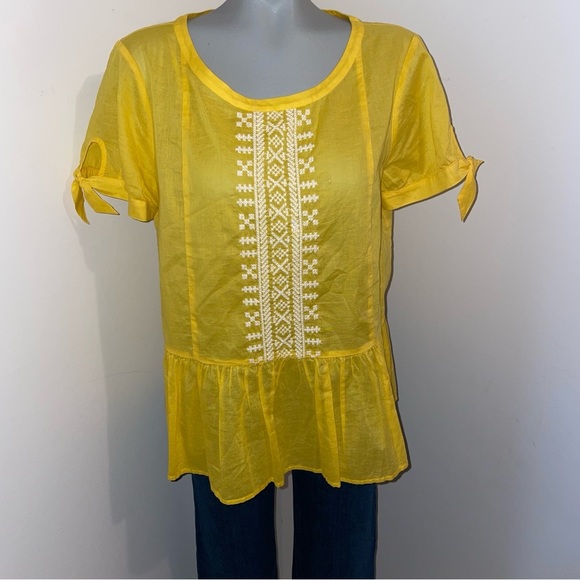 J Crew Shirt Short Sleeve Peplum Embroidered Tie Sleeve Yellow Cotton 10 - Picture 1 of 8